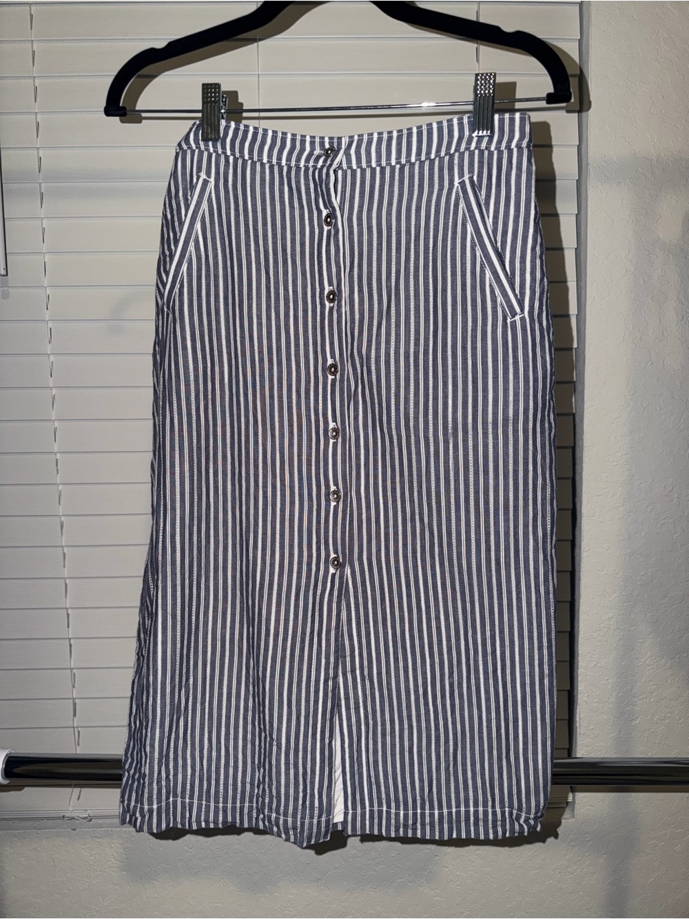 Abercrombie & Fitch Navy and White Striped Button-Front Midi Skirt